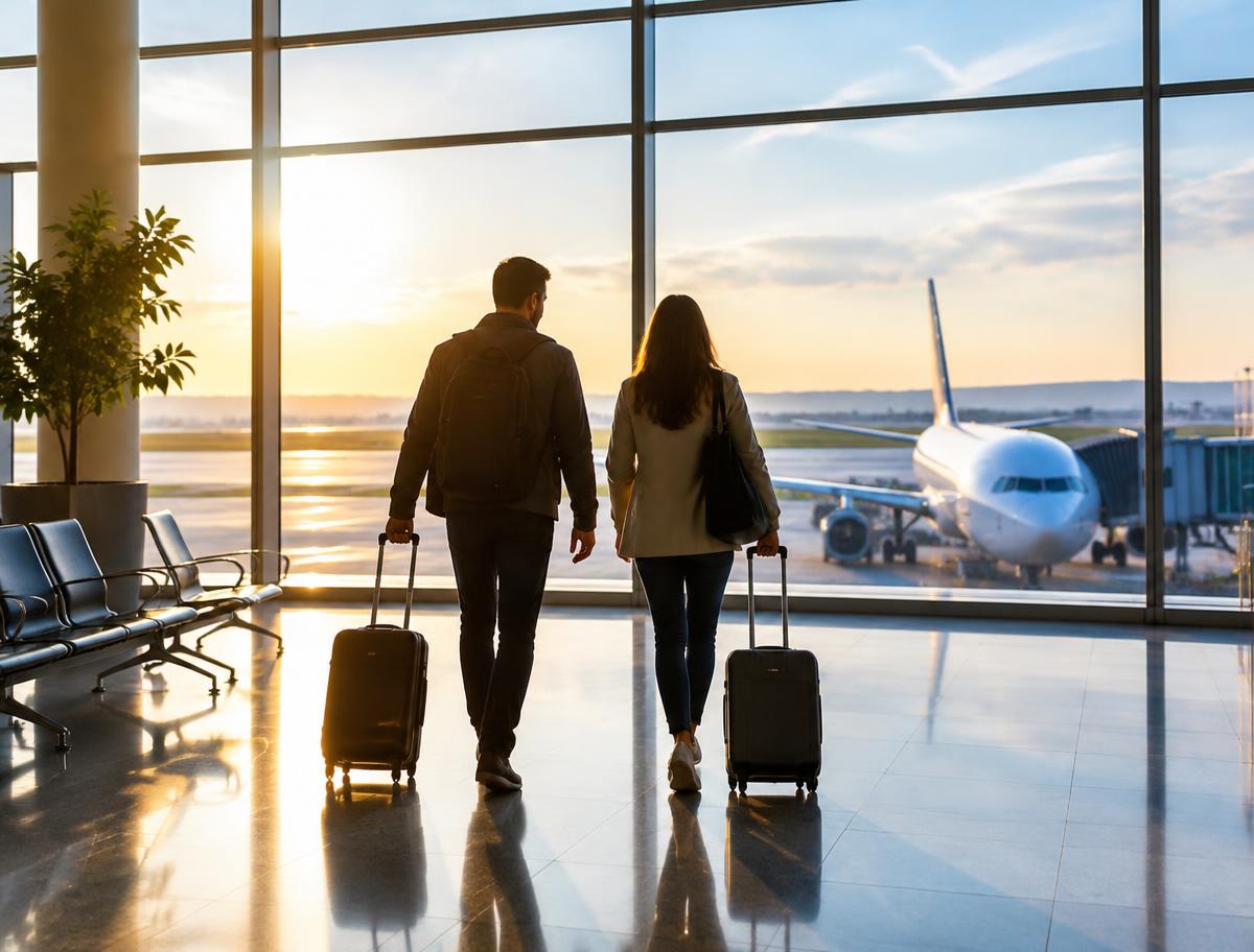 Viajeros con maletas caminando hacia un avión en el aeropuerto