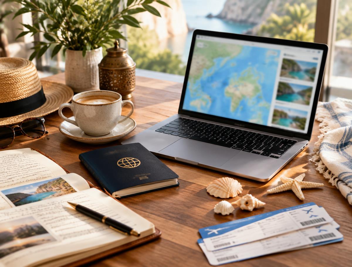 Mesa de planificación de viaje con pasaporte, portátil y billetes